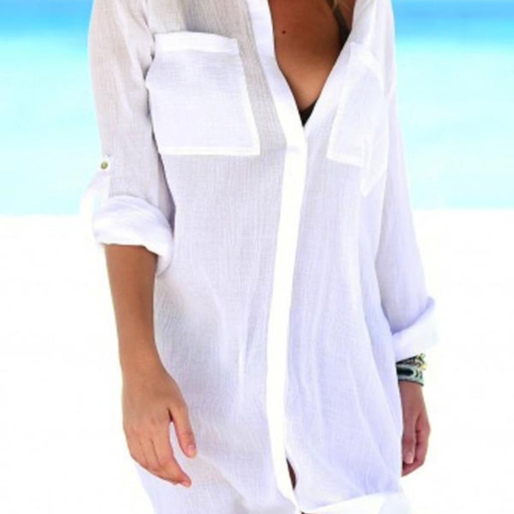 Brand New White Roll Up Sleeve Swimsuit Cover Up